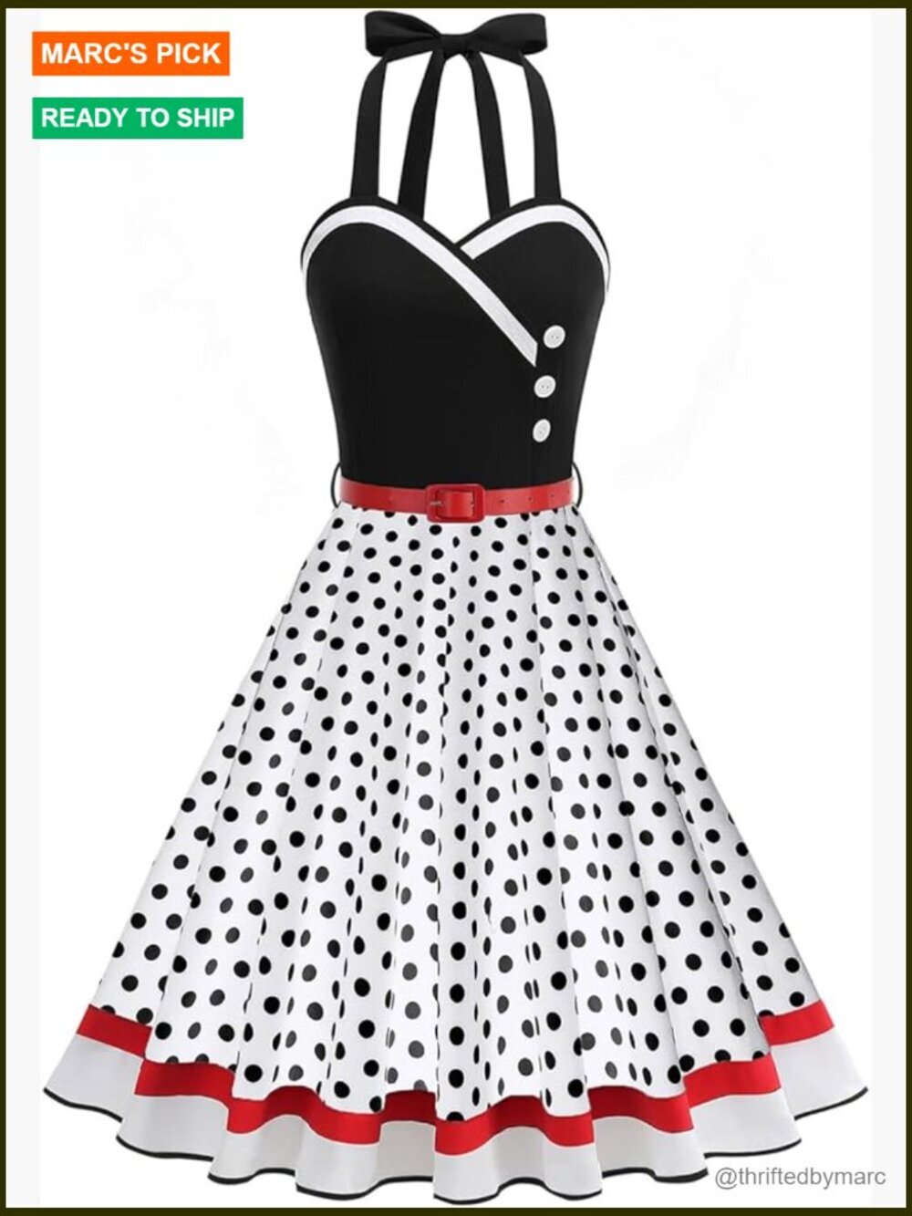 Vintage Halter Neck Swing Dress with Belt Midi Length Sleeveless